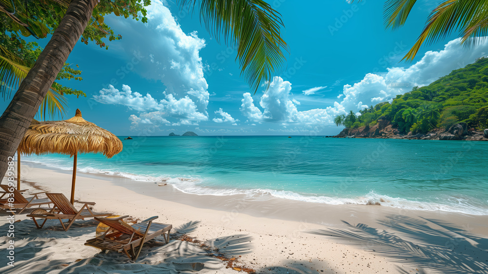 Poster a beach with a few umbrellas and chairs. the beach is empty and the sky is blue& panorama beautiful 