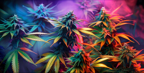 A colorful image of marijuana plants with a purple background