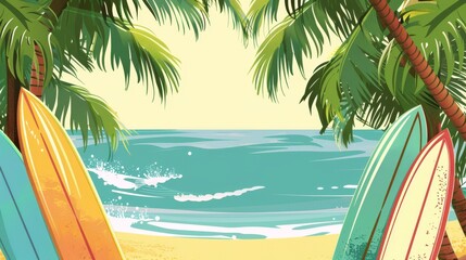 Obraz premium Tropical Paradise - Vibrant Beach Illustration with Palm Trees and Surfboards for Vacation Themes with Copy Space