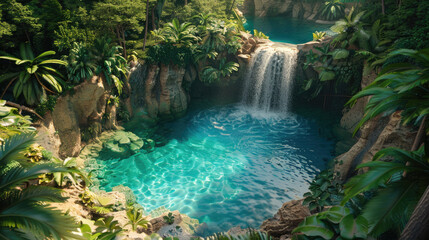a rainforest landscape with a waterfall cascading into a clear pool