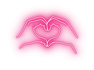Pink neon heart made by hand, pink hand heart on transparent background