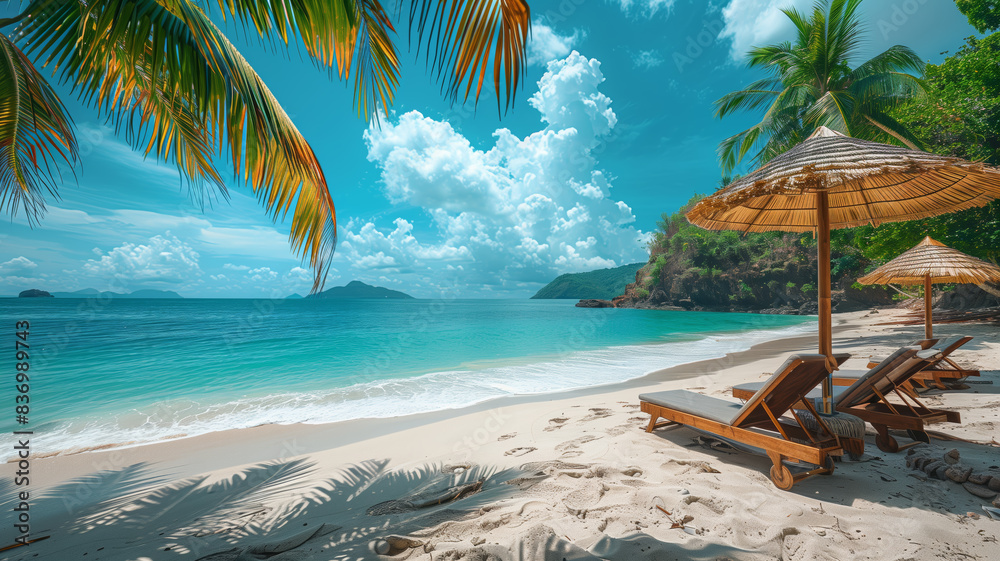 Poster a beach with a few umbrellas and chairs. the beach is empty and the sky is blue& panorama beautiful 