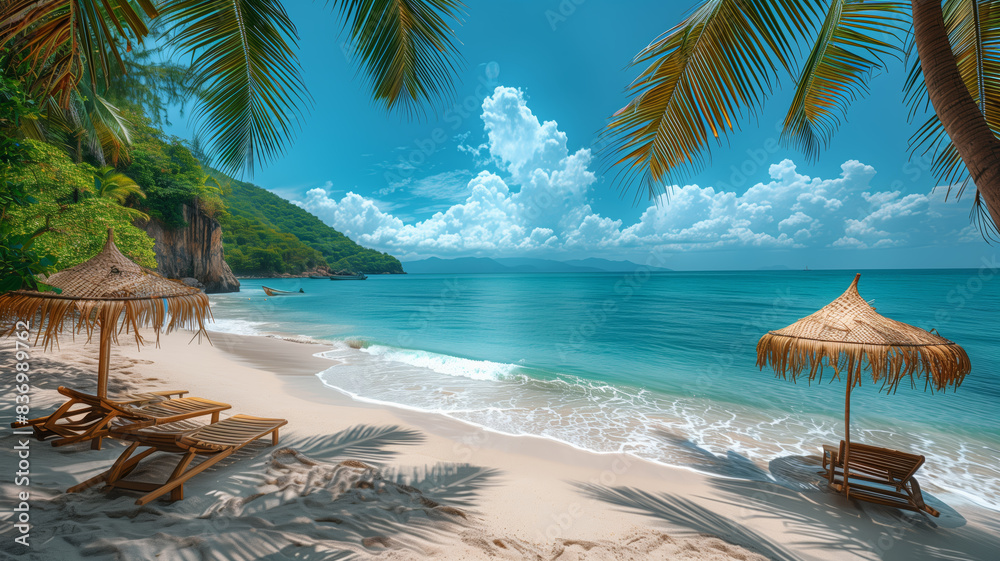 Poster a beach with a few umbrellas and chairs. the beach is empty and the sky is blue& panorama beautiful 
