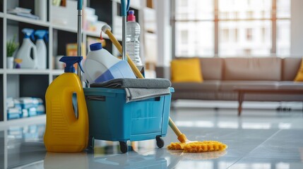 A blue bucket with a yellow handle and a yellow cloth inside