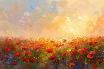 Fototapeta premium Lush wildflower field at sunrise, hand-painted in vibrant oils for a captivating nature scene