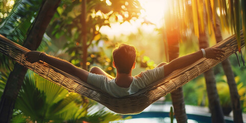 Obraz premium A man is relaxing in a hammock under a tree