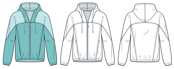 Zipped Jacket technical fashion illustration. Hooded Sweatshirt, Raincoat fashion flat technical drawing template, front and back view, white, aqua color, women, men, unisex Sportswear CAD mockup set. © Liubov Hladka