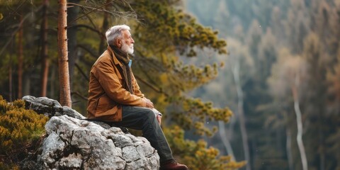 An older man sits on a rock in the woods, wearing a brown jacket and scarf
