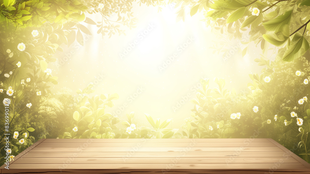 Poster spring beautiful background with green lush young foliage and flowering branches with an empty woode