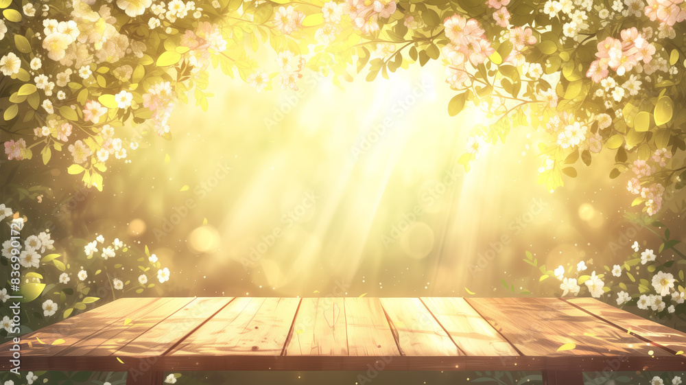Aufkleber spring beautiful background with green lush young foliage and flowering branches with an empty woode