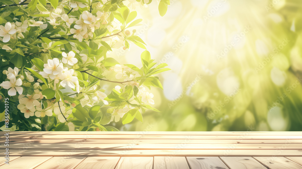 Aufkleber spring beautiful background with green lush young foliage and flowering branches with an empty woode