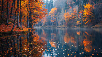 Fototapeta premium Autumn forest with vibrant foliage and a tranquil lake reflecting the colors