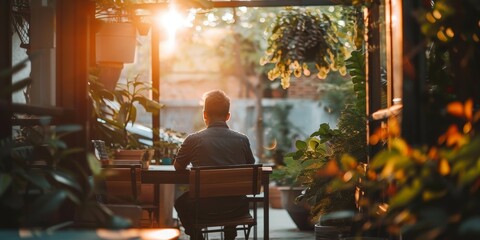 Fototapeta premium A man sits at a table in a garden setting, looking out at the plants