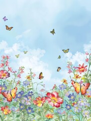 Enchanted Garden Wonderland with Blooming Flowers and Butterflies, Perfect for Text Overlay in Sky Area