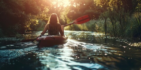A woman is paddling a kayak in a river