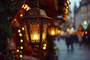 Experience the enchanting warmth of traditional lanterns casting a cozy glow over festive stalls at the Christmas Market in Austria.