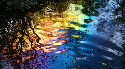 Fototapeta premium Abstract Rainbow Reflections in Water with Ripples and Nature Elements
