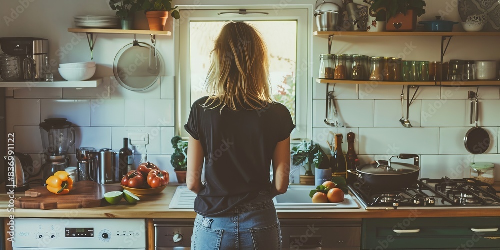 Sticker A woman stands in a kitchen with a window behind her