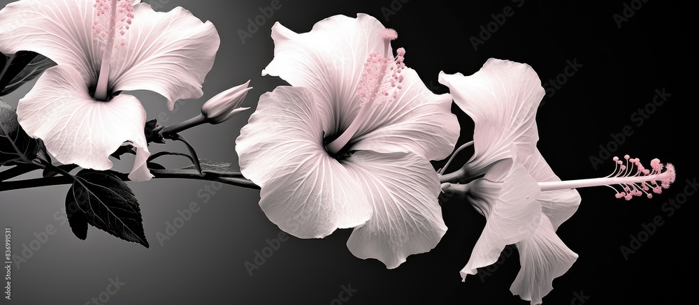 Sticker pink hibiscus in black and white photo. creative banner. copyspace image