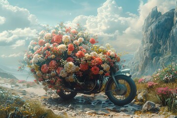 driving a motorcycle carrying a bouquet overflowing with pastel-colored flowers and dragging behind...