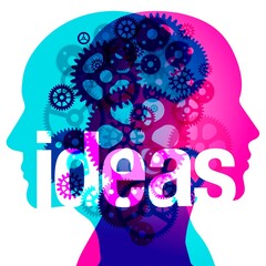 Two overlapping silhouettes of human heads, with the word ideas superimposed over them. The heads are filled with overlapping cogs, suggesting the creative process and the collaboration of two minds.