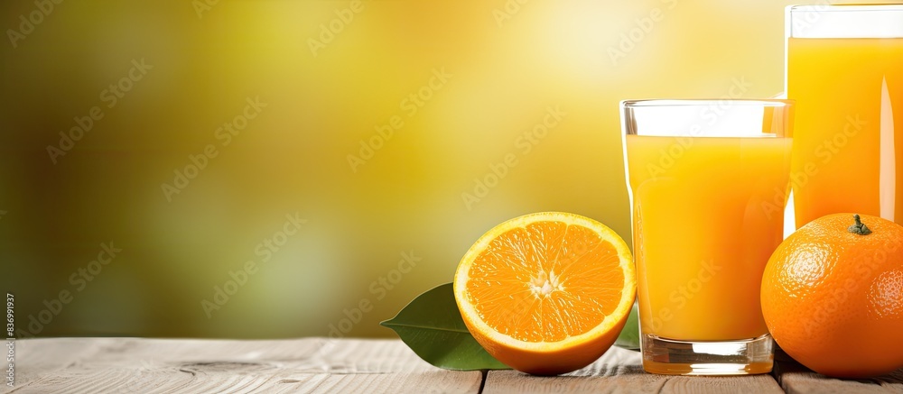 Poster oranges and fresh squeezed orange juice close up on light wooden background. creative banner. copysp