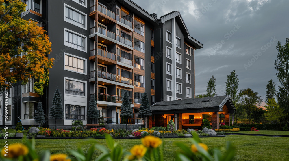 Canvas Prints A large apartment building with balconies and a view of the sky