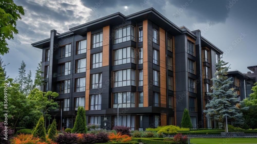 Wall mural A large apartment building with a lot of windows and a green lawn