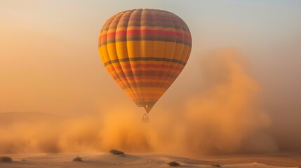 Obraz premium hot air balloon flight against the backdrop of a sandstorm --no text --ar 16:9 --quality 0.5 Job ID: 2c4042a0-47aa-4a5d-80ae-f886c24c6cb2