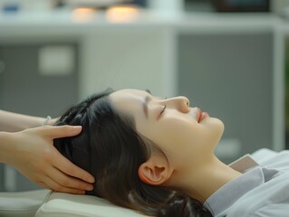 Fototapeta premium Attractive Asian Woman Getting Head Massage on Massage Table in Peaceful Environment