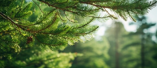 Obraz premium branches of a coniferous plant in summer wild nature. Creative banner. Copyspace image