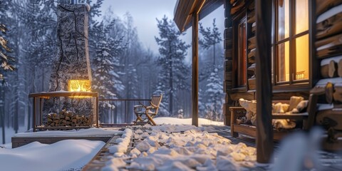 A cozy cabin with a fireplace and a chair on the porch
