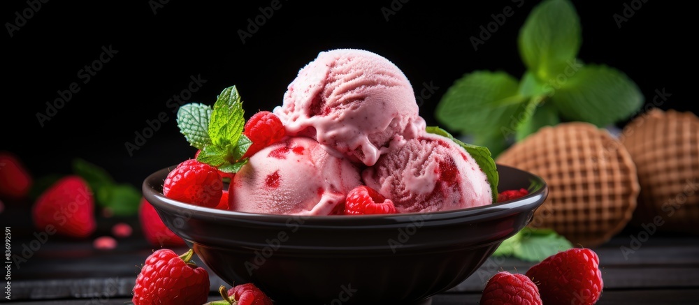 Aufkleber the frozen strawberry yogurt ice cream with fresh strawberry and raspberry in a wafer bowl. creative