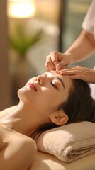 Peaceful Asian Woman Receiving Relaxing Facial Massage Treatment in Wellness Spa