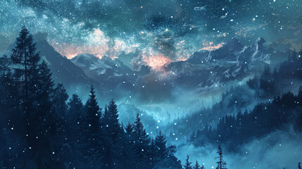 Fototapeta premium Evening landscape with a panoramic view of a European forest under a starlit sky