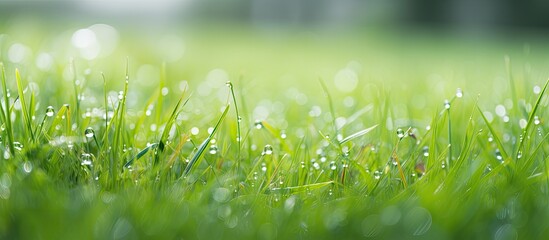 Green grass in the dew on the nature. Creative banner. Copyspace image