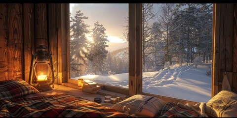 A cozy cabin with a window overlooking a snowy landscape