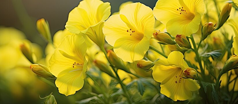 Yellow flowers of Evening primrose or Oenothera erythrosepala. Creative banner. Copyspace image