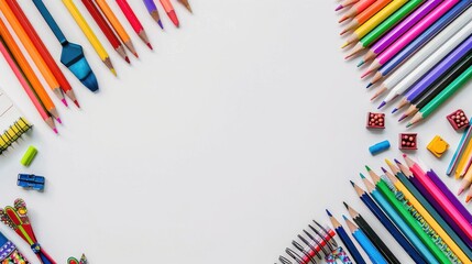 Fototapeta premium Colored pencils and notebooks on white table, school supplies, banner