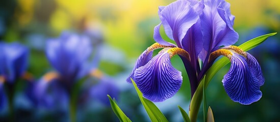 Detail of Iris flower in full Spring bloom. Creative banner. Copyspace image