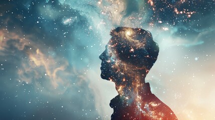a person's head with a space background