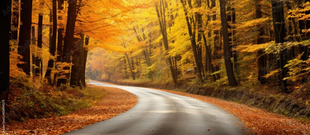 Poster path in autumn forest road in the woods. creative banner. copyspace image