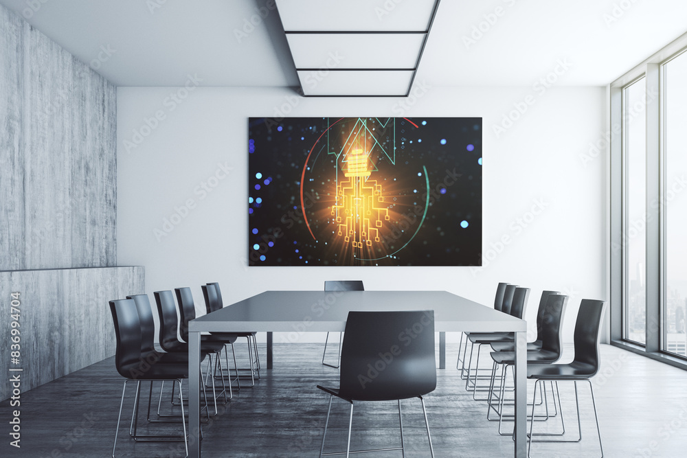 Poster Creative idea concept with light bulb and microcircuit illustration on presentation screen in a modern conference room. Neural networks and machine learning concept. 3D Rendering