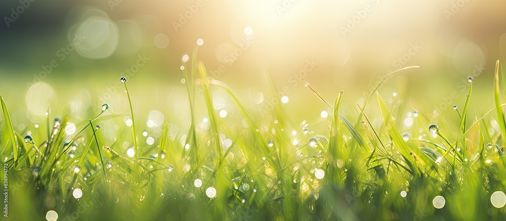 Poster Dew on grass with bokeh. Creative banner. Copyspace image
