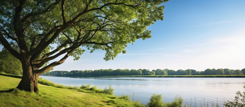 A view of the limbs of a tree in the Nida river some trees bushes and grass on the banks. Creative banner. Copyspace image
