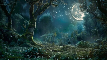 Obraz premium Magical Enchanted Forest at Night Illuminated by Full Moon and Sparkling Stars