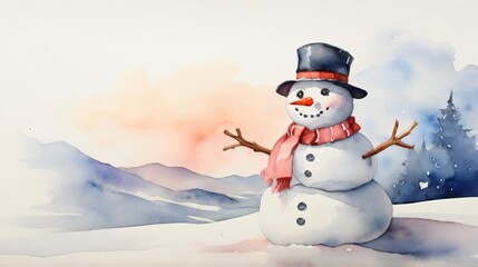 watercolor painting of snowman with empty space