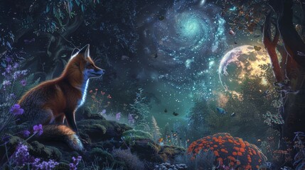 Majestic Fox Under Starry Night Sky in Enchanted Forest with Moon and Galaxy