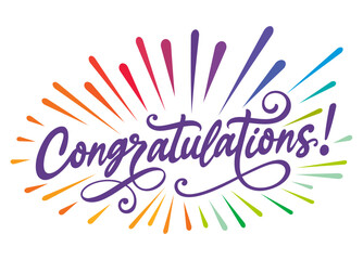 Congratulations colorful fireworks, celebration confetti background, vector, handwritten calligraphy lettering text, wishes, card, banner for graduates, winner, business, success, party, isolated