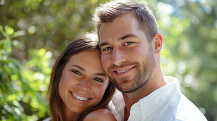 Fototapeta premium Smiling couple in a sunny outdoor setting symbolizing love and happiness